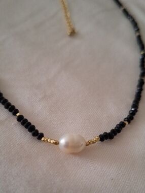 Gold and Black Beaded Necklace with Fresh Water Pearl Accent